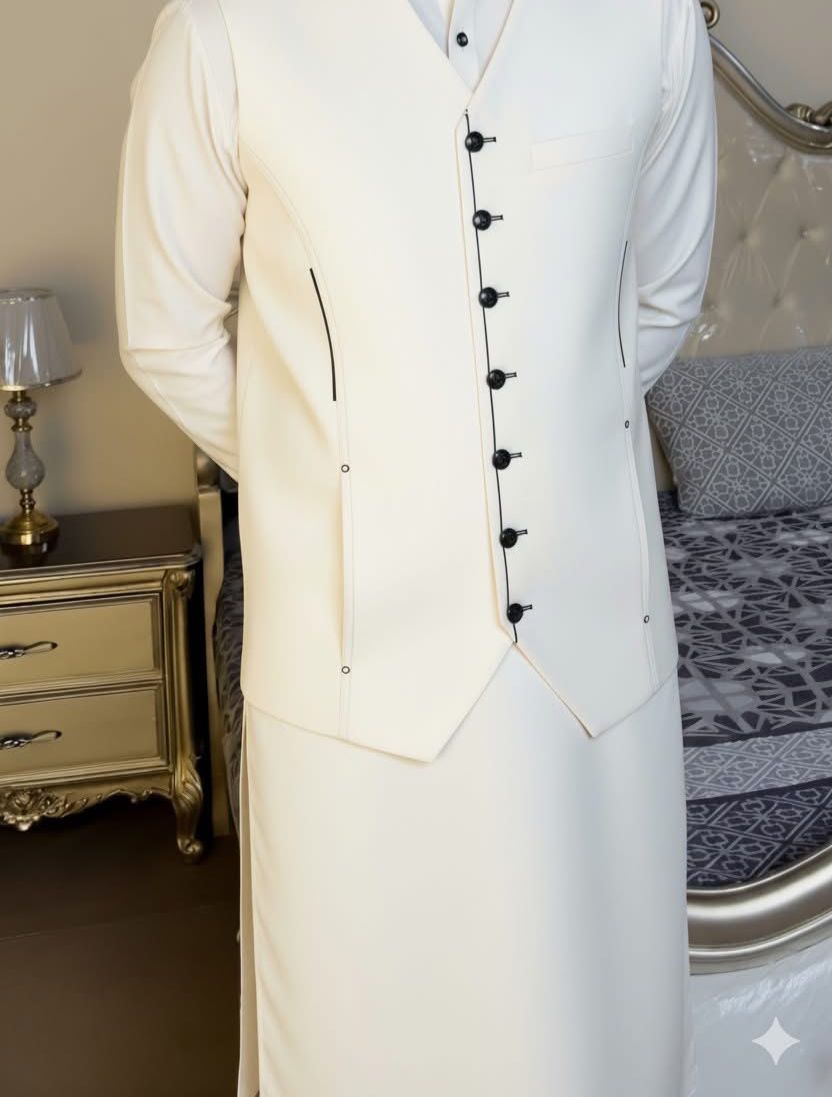 3-piece men's shalwar kameez suit with waistcoat, Design 10