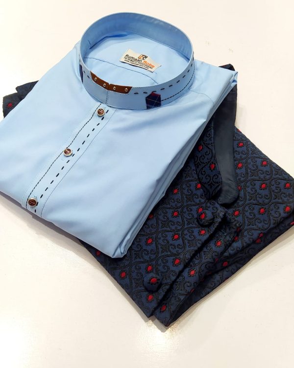 Sky Blue Shalwar Kameez and Embroidery Black Waistcoat Designs Mens Clothing SM59