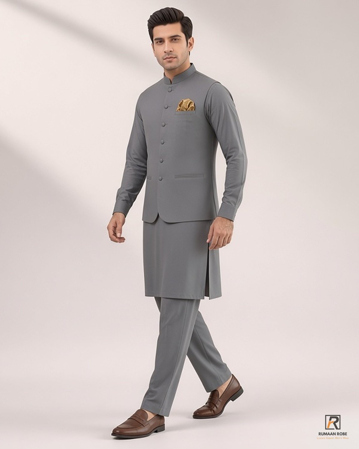 01-hero Gray Signature Three Piece full body – Rumaan Robe