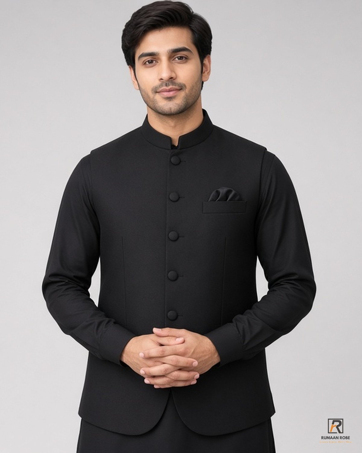 01-hero Black Signature Three Piece studio front – Rumaan Robe