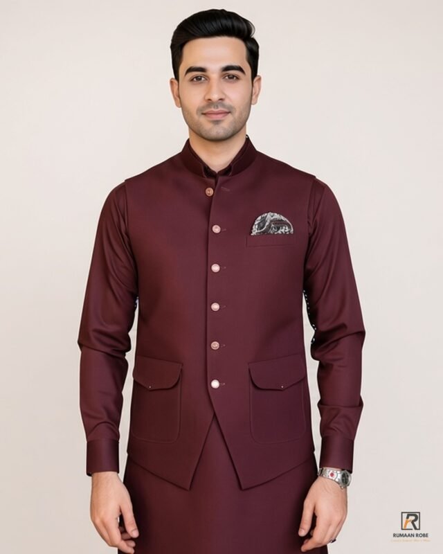 Maroon Signature Three Piece studio view 1 – Rumaan Robe