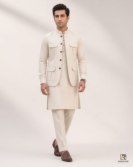 Cream signature three-piece suit full body – Rumaan Robe