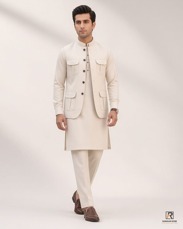 Cream signature three-piece suit full body – Rumaan Robe