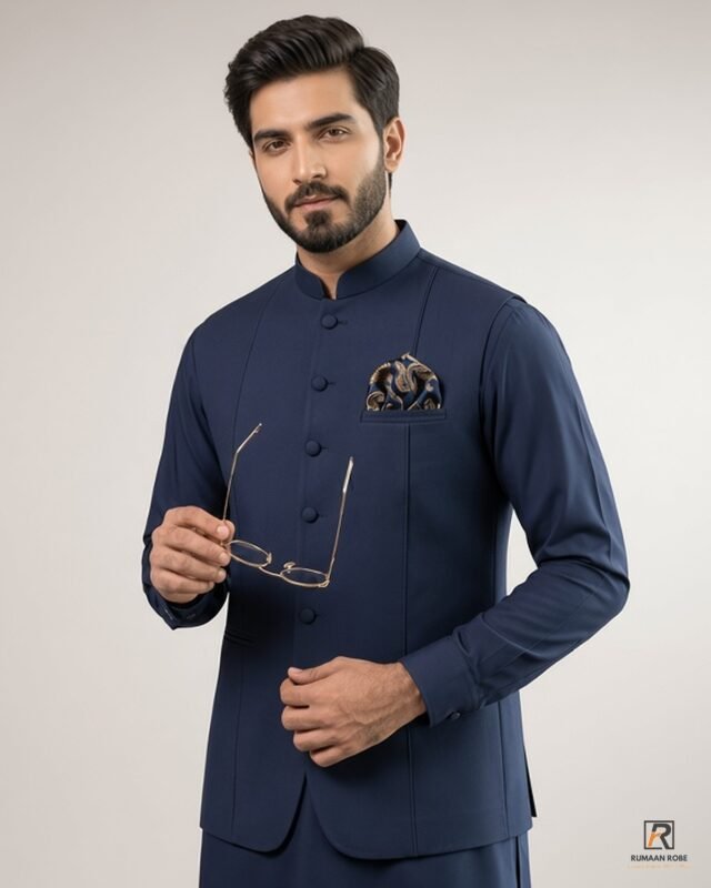 Navy Signature Three Piece full front – Rumaan Robe