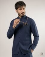 Navy Signature Three Piece glasses pose – Rumaan Robe