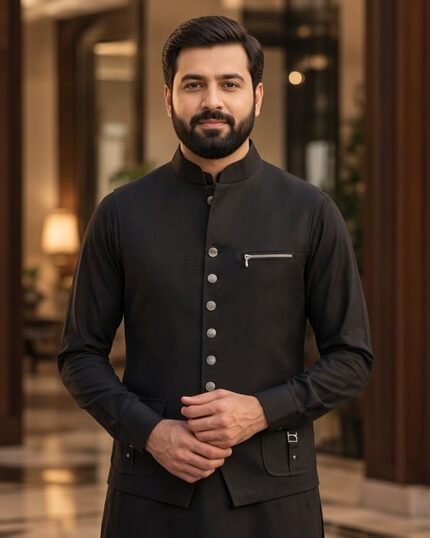 Black Bespoke Three Piece – hands clasped
