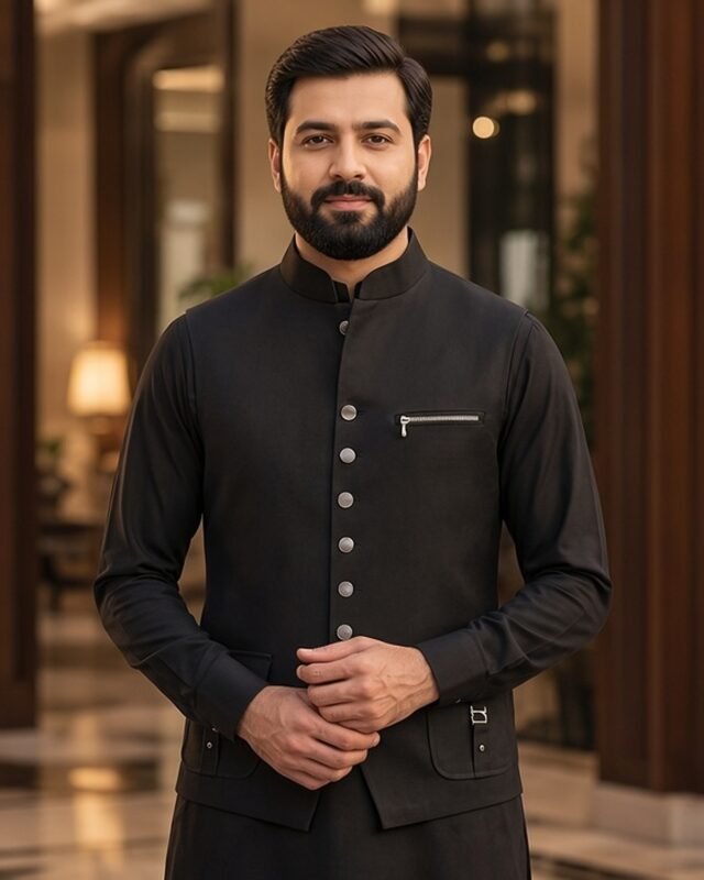 Black Bespoke Three Piece – hands clasped