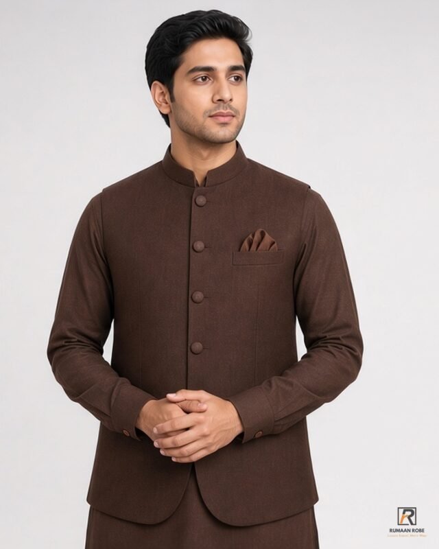 Chocolate Brown Signature Three Piece three-quarter – Rumaan Robe