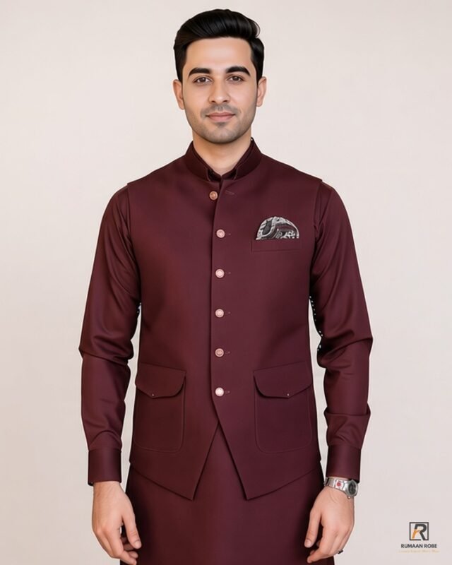 Maroon Signature Three Piece studio view 2 – Rumaan Robe