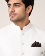 White Signature Three Piece collar close-up – Rumaan Robe
