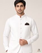 White Signature Three Piece alternate pose – Rumaan Robe
