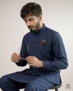 Navy Signature Three Piece seated view – Rumaan Robe