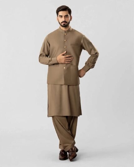 Olive Brown Bespoke Three Piece – front view, waistcoat with matching kameez shalwar