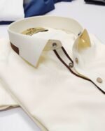 Cream Brown-Trim Signature Kameez Shalwar – collar and placket detail