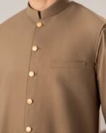 Olive Brown Bespoke Three Piece – collar and button close-up