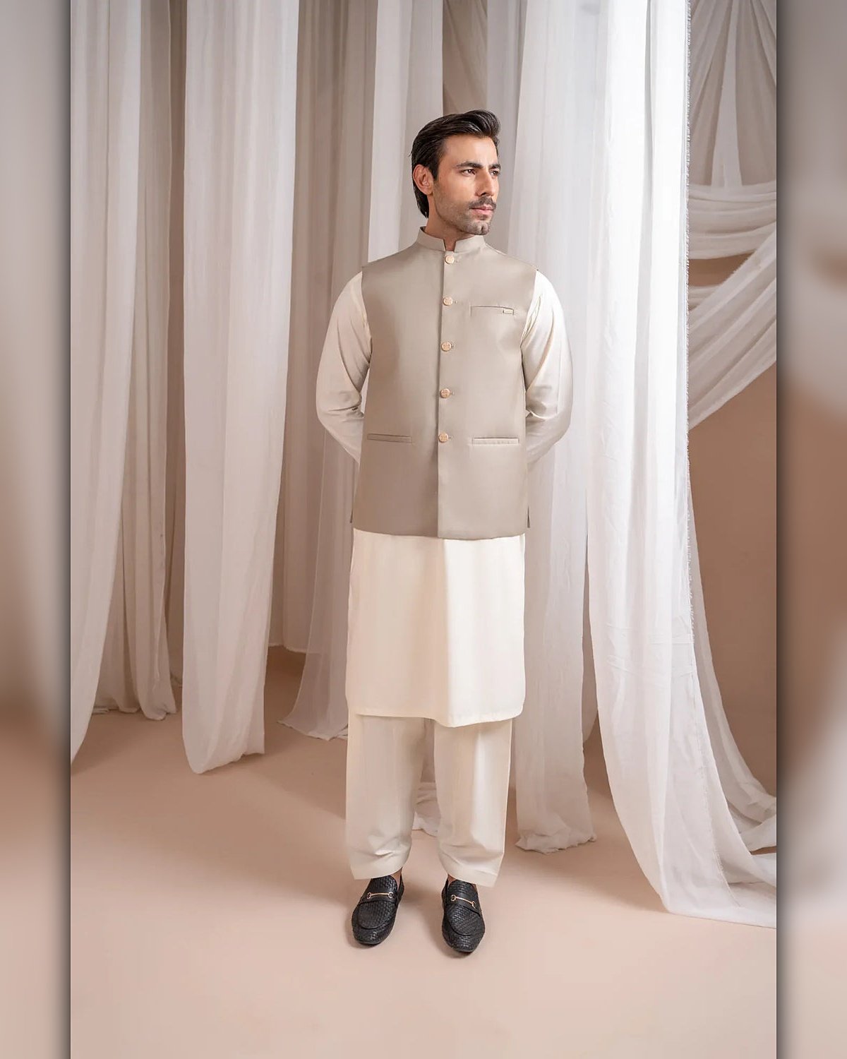 asis-1-front Stone Grey Bespoke Three Piece – front view, waistcoat with off-white cotton kameez shalwar