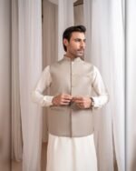 Stone Grey Bespoke Three Piece – collar and button close-up