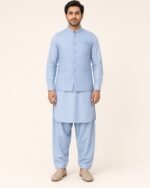 Light Blue Classic Three Piece – Kameez Shalwar with Waistcoat