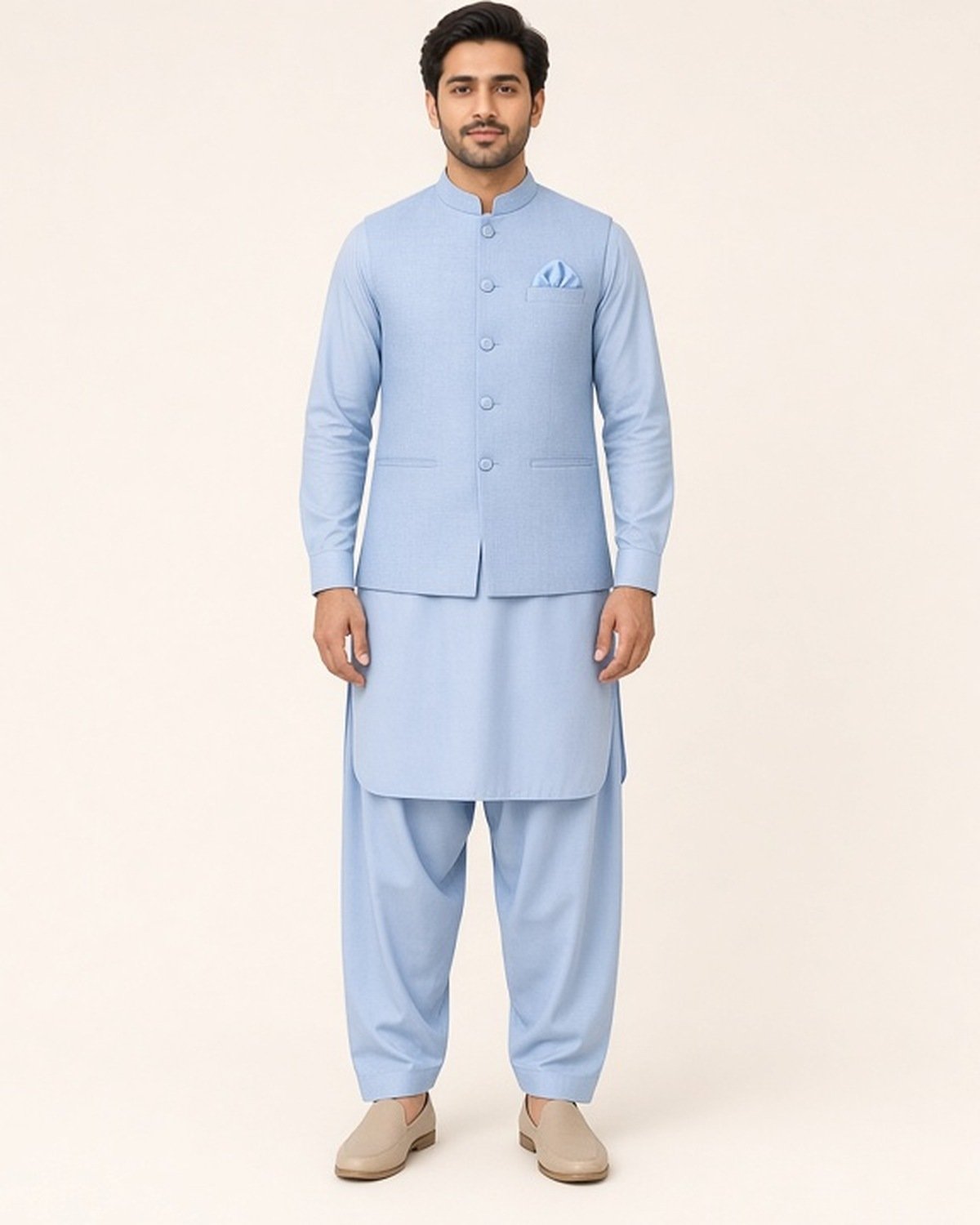 classic-light-blue-01-front Light Blue Classic Three Piece – Kameez Shalwar with Waistcoat - Image 1