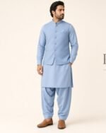 Light Blue Classic Three Piece – Kameez Shalwar with Waistcoat - Image 2