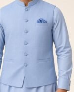 Light Blue Classic Three Piece – Kameez Shalwar with Waistcoat - Image 3