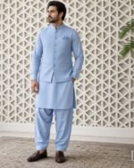 Light Blue Classic Three Piece – Kameez Shalwar with Waistcoat - Image 4