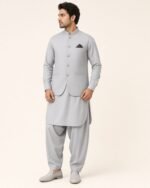 Light Grey Classic Three Piece – Kameez Shalwar with Waistcoat