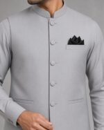 Light Grey Classic Three Piece – Kameez Shalwar with Waistcoat - Image 2