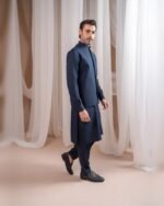 Navy Blue Bespoke Three Piece – side walking