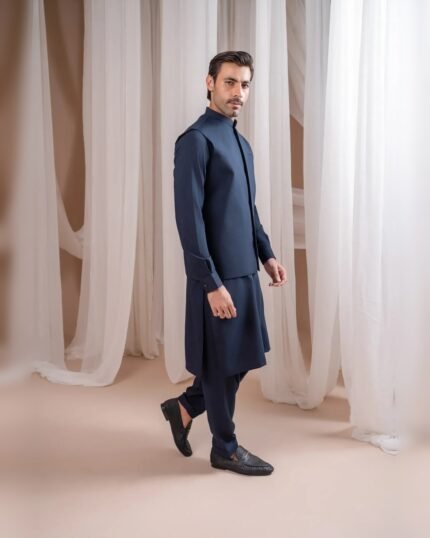 Navy Blue Bespoke Three Piece – side walking