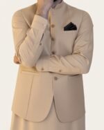 Beige Classic Three Piece – Kameez Shalwar with Waistcoat - Image 3