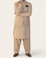 Beige Classic Three Piece – Kameez Shalwar with Waistcoat