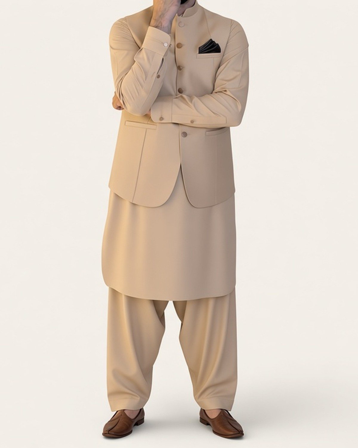 rr-classic-beige-3pc-front-1200x1500 Beige Classic Three Piece – Kameez Shalwar with Waistcoat - Image 1