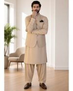 Beige Classic Three Piece – Kameez Shalwar with Waistcoat - Image 4