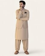 Beige Classic Three Piece – Kameez Shalwar with Waistcoat - Image 2