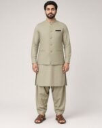 Beige Gold-Button Classic Three Piece kameez shalwar with waistcoat – Rumaan Robe