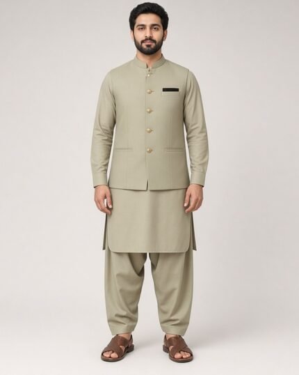 Beige Gold-Button Classic Three Piece kameez shalwar with waistcoat – Rumaan Robe
