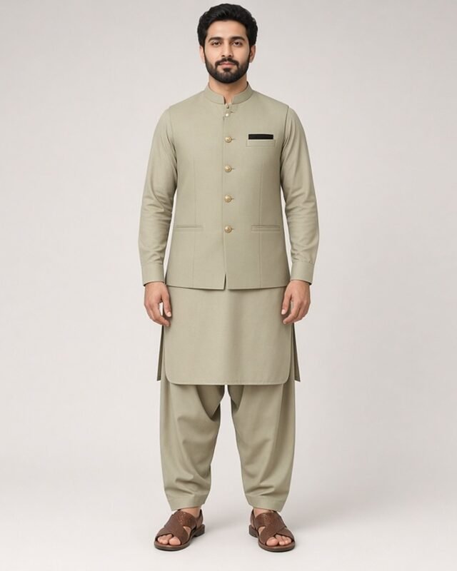 Beige Gold-Button Classic Three Piece kameez shalwar with waistcoat – Rumaan Robe