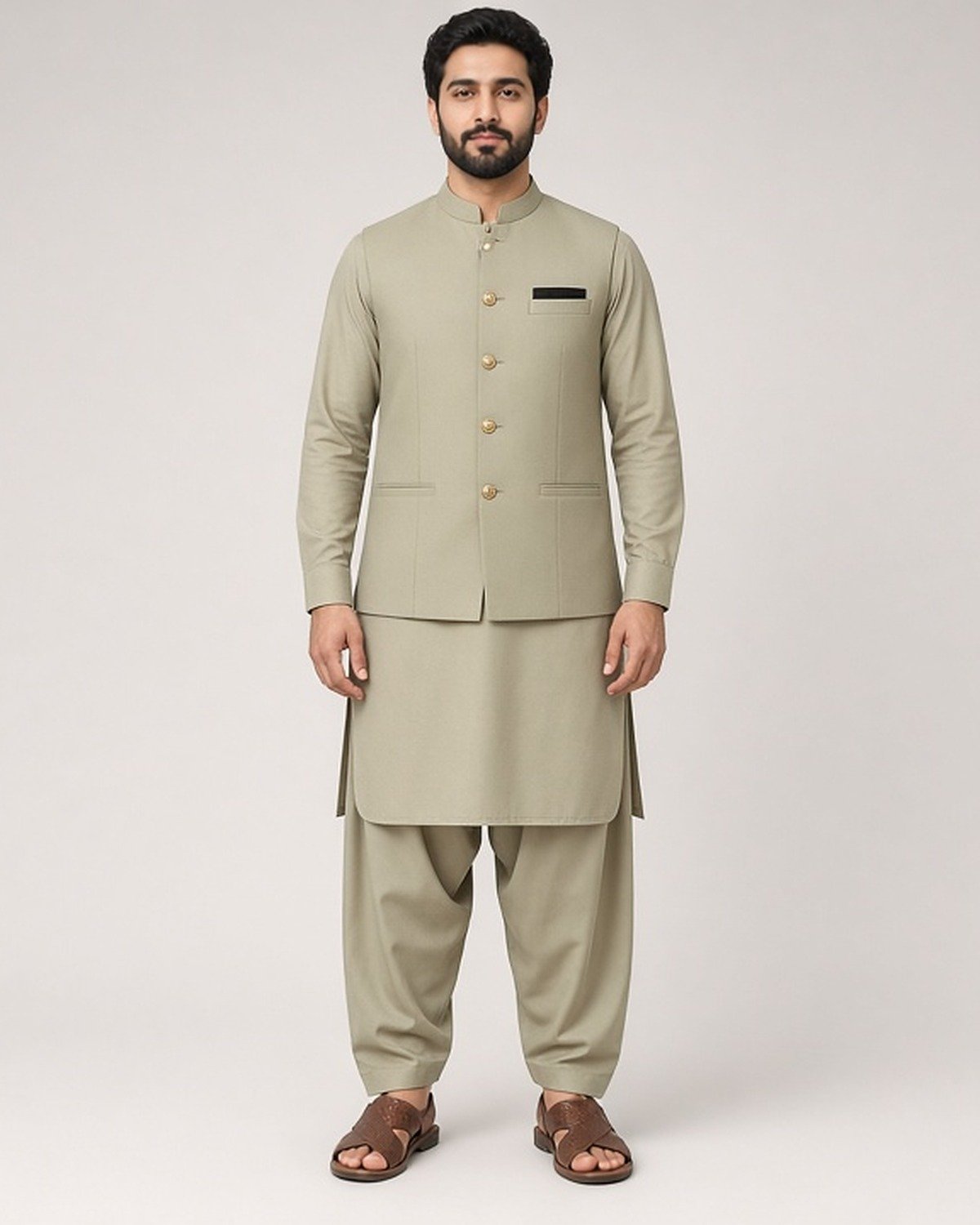 rr-classic-beige-gold-3pc-01-front-1200x1500 Beige Gold-Button Classic Three Piece kameez shalwar with waistcoat – Rumaan Robe
