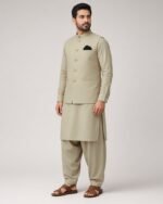 Beige Gold-Button Classic Three Piece kameez shalwar with waistcoat – Rumaan Robe