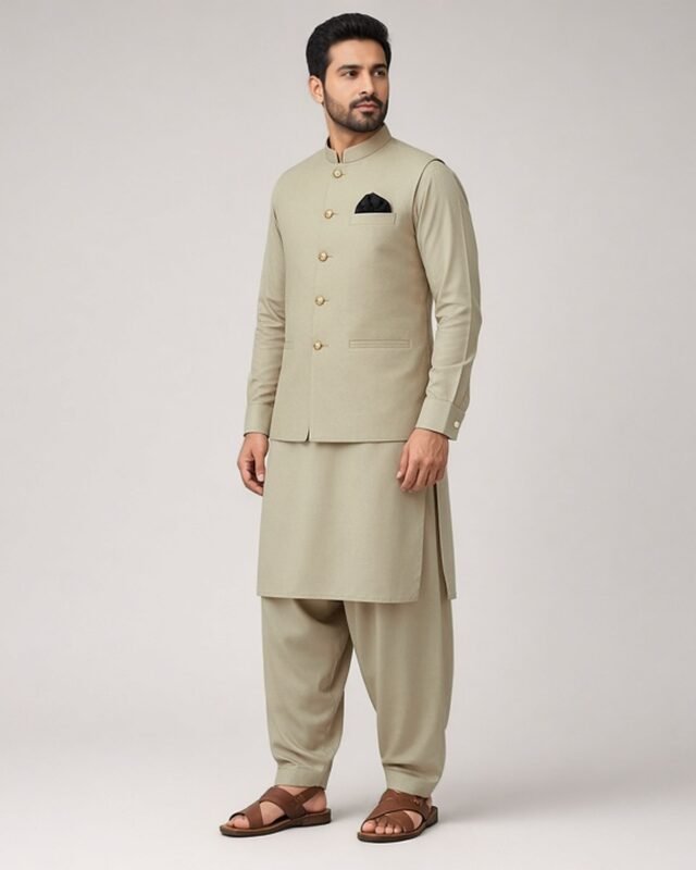 Beige Gold-Button Classic Three Piece kameez shalwar with waistcoat – Rumaan Robe