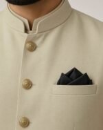Beige Gold-Button Classic Three Piece – Kameez Shalwar with Waistcoat - Image 3