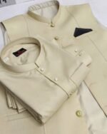 Beige Gold-Button Classic Three Piece – Kameez Shalwar with Waistcoat - Image 4
