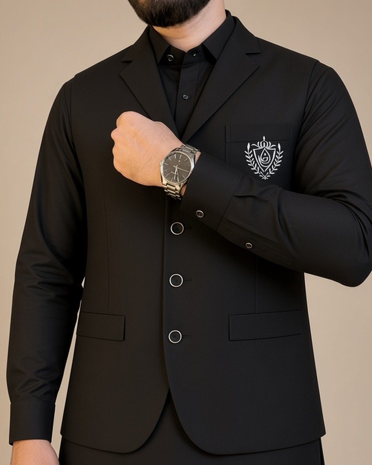 rr-classic-black-3pc-front-1200x1500 Classic Black Three-Piece Waistcoat Set | Rumaan Robe - Image 1