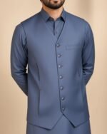 Classic Steel Blue Three-Piece Waistcoat Set | Rumaan Robe
