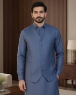Classic Steel Blue Three-Piece Waistcoat Set | Rumaan Robe - Image 5