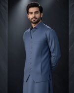 Classic Steel Blue Three-Piece Waistcoat Set | Rumaan Robe - Image 3