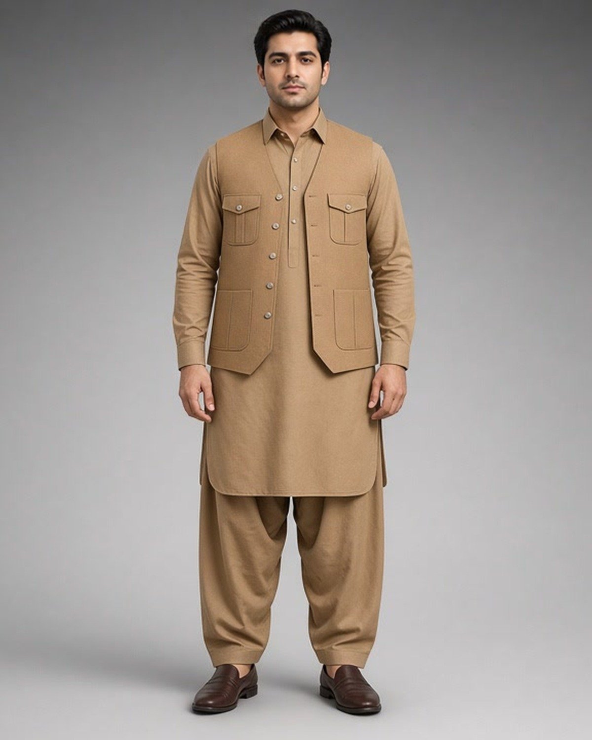 rr-classic-camel-3pc-front-1200x1500 Classic Camel Three-Piece Waistcoat Set - Image 1