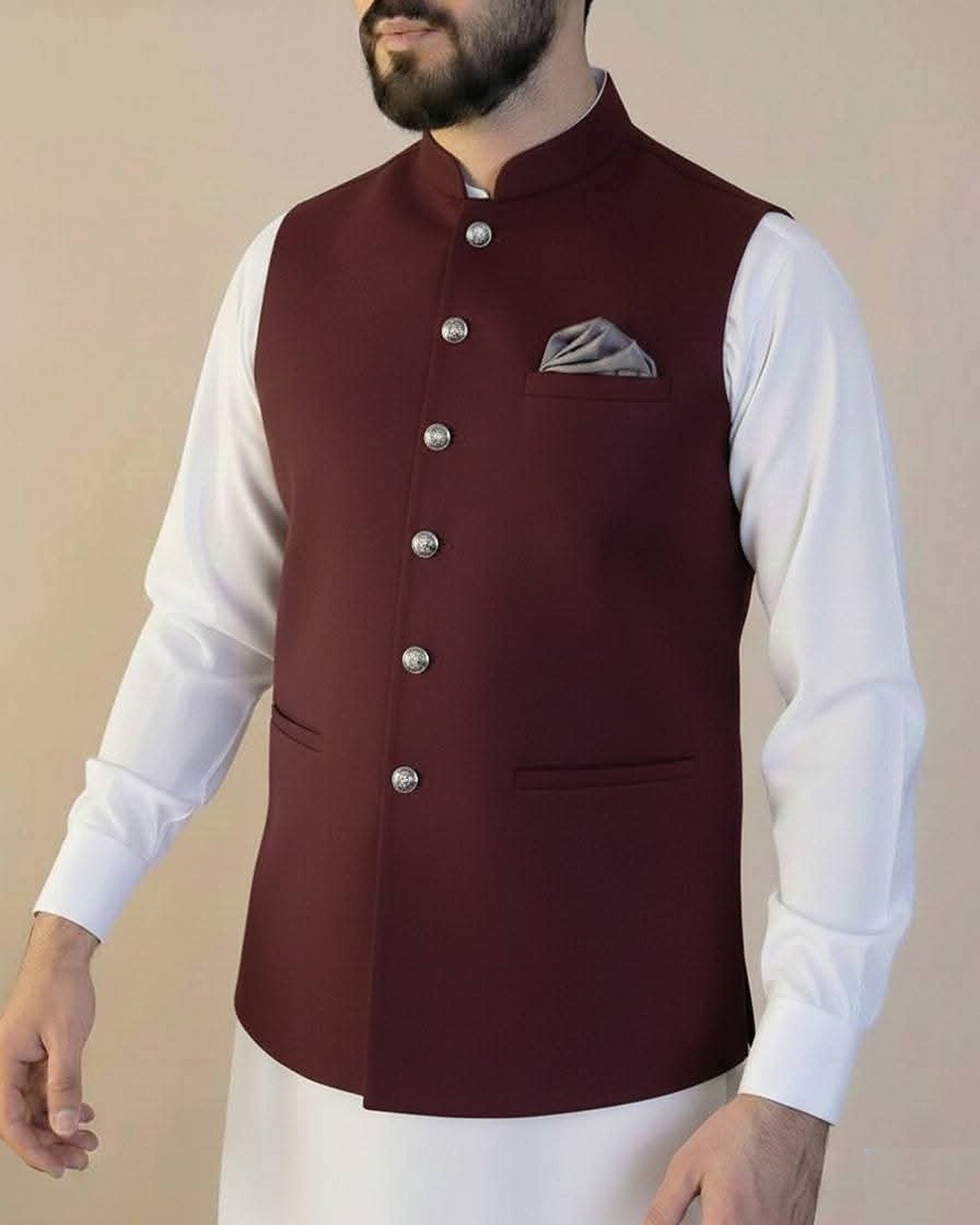 rr-classic-maroon-3pc-01-front-1200x1500 Maroon Classic Three Piece waistcoat with white kameez shalwar – Rumaan Robe