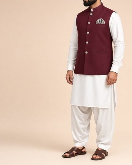 Maroon Classic Three Piece waistcoat with white kameez shalwar – Rumaan Robe